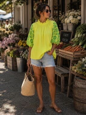 THML Miranda Neon Yellow Green Embroidered Puff Sleeve Statement Blouse